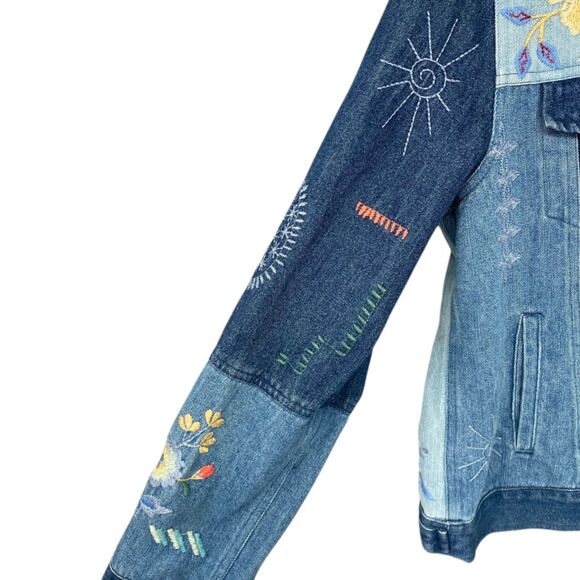 Johnny Was Floral Embroidered Denim Jacket Boho Patchwork Blue Jean Small - Picture 5 of 11